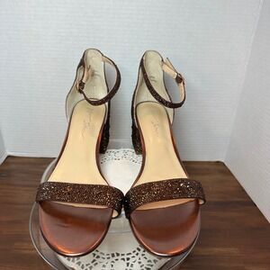 Betsey Johnson Mari Bronze Metallic Rhinestone Block Heel Sandals 9.5M